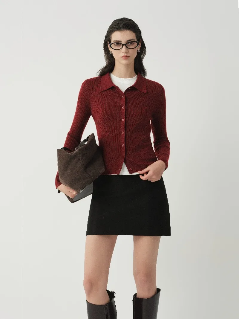 

Women's Wool-Blend Polo Knit Cardigan – Tailored Shoulder, Slim Fit, Long Sleeve, Oatmeal, Layering Top, Spring 2026