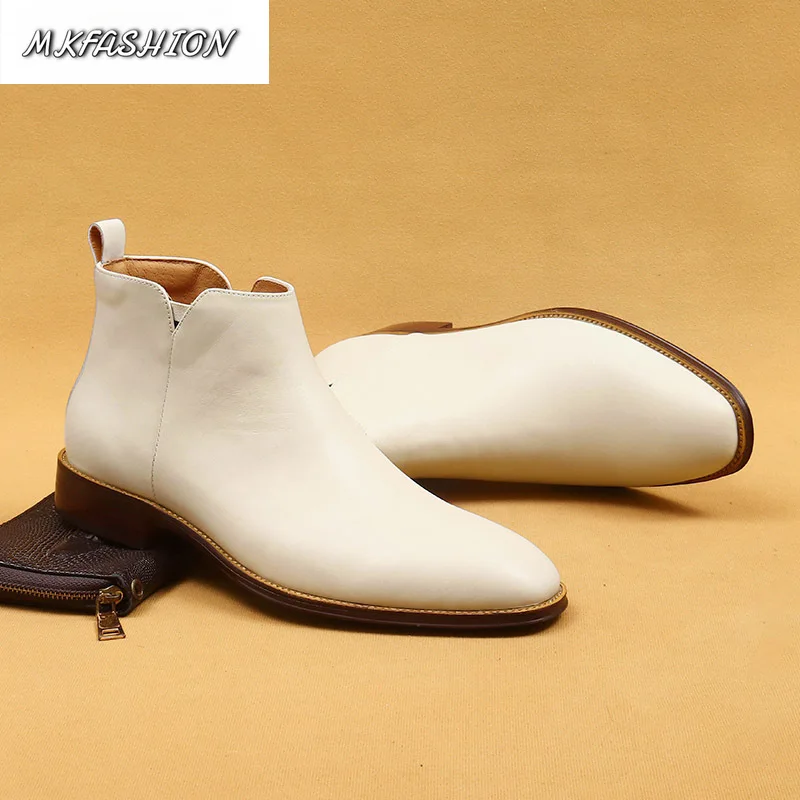 Men's Genuine Leather Business Casual Shoes Short Boots Pointed Toe Side Zipper Ankle Boot Booties