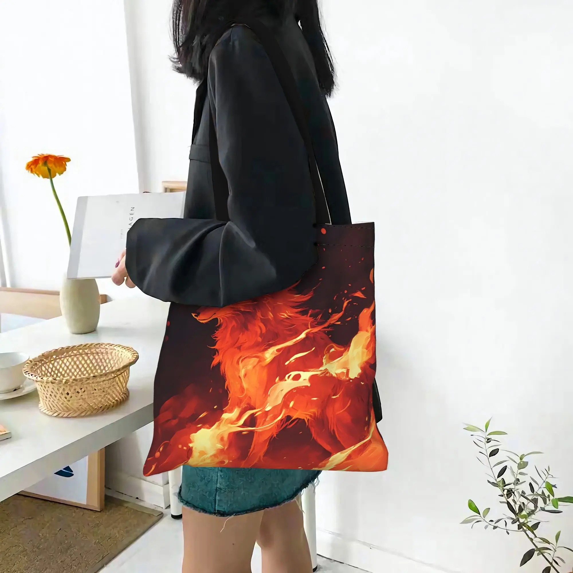 Customized Flame Wolf Fire Texture Art Print Women's Bag Campus Handbag Large Capacity  Canvas Tote Bag Foldable Chic Pattern