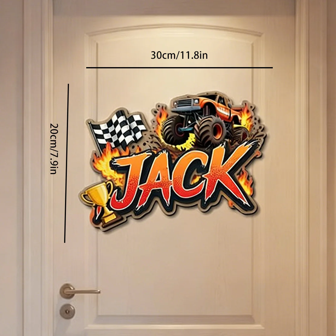 Custom Monster Truck Wooden Name Sign, Personalized Racing Flag & Trophy Design, Kids Bedroom Door Hanger & Room Decor