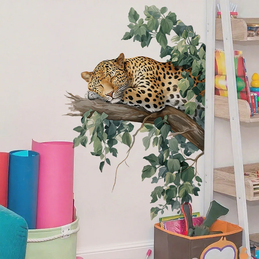 2D plan, 1 wall sticker, depicting a sleeping leopard on a tree branch, using realistic jungle elements and green leaf design. T