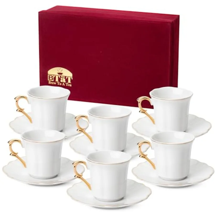 

BTaT- Turkish Cfee Cup, 3 oz, 6 Pairs 12 pcs,Elegant White Cups and Saucers with Gold Trim and Gift Box, Small Porcelain Espres