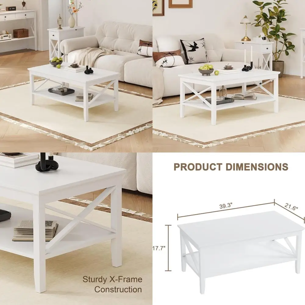 Rectangular Modern Living Room Coffee Table with Storage Shelf, 39 Inch, Classic X Design