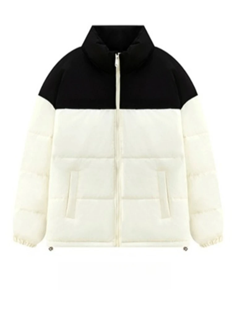 เสื้อโค้ทผ้าฝ้ายกันลมสำหรับฤดูหนาว ไซส์ใหญ่ ดีไซน์กระเป๋าซิปทันสมัย แจ็คเก็ตสั้นทรงหลวม สีสันตัดกันอย่างมีสไตล์