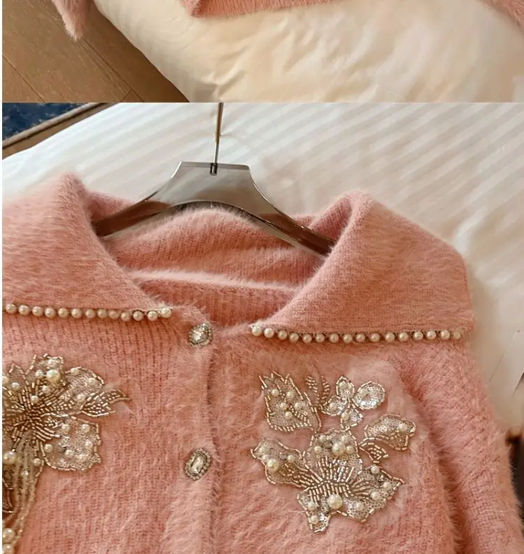 Luxury Women Doll Collar Mink Cashmere Rhinestones Sweater Coat Mohair Pearls Beaded Knitted Cardigan Velvet Diamonds Plush Tops