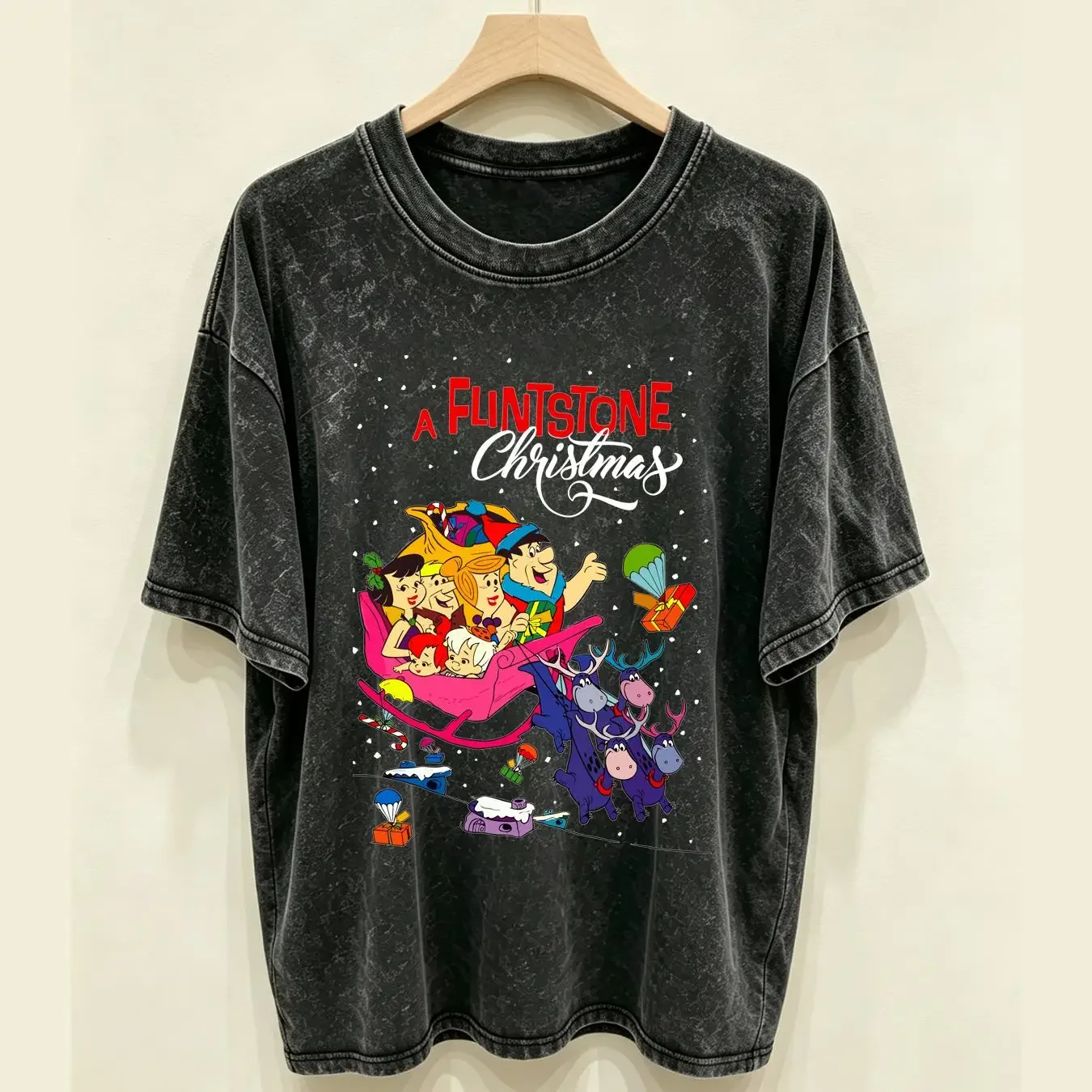 washed T Shirt A Flintstone Christmas Black Cotton Best Size S 5XL FR1129 vintage Washed Comfortable Versatile Slightly
