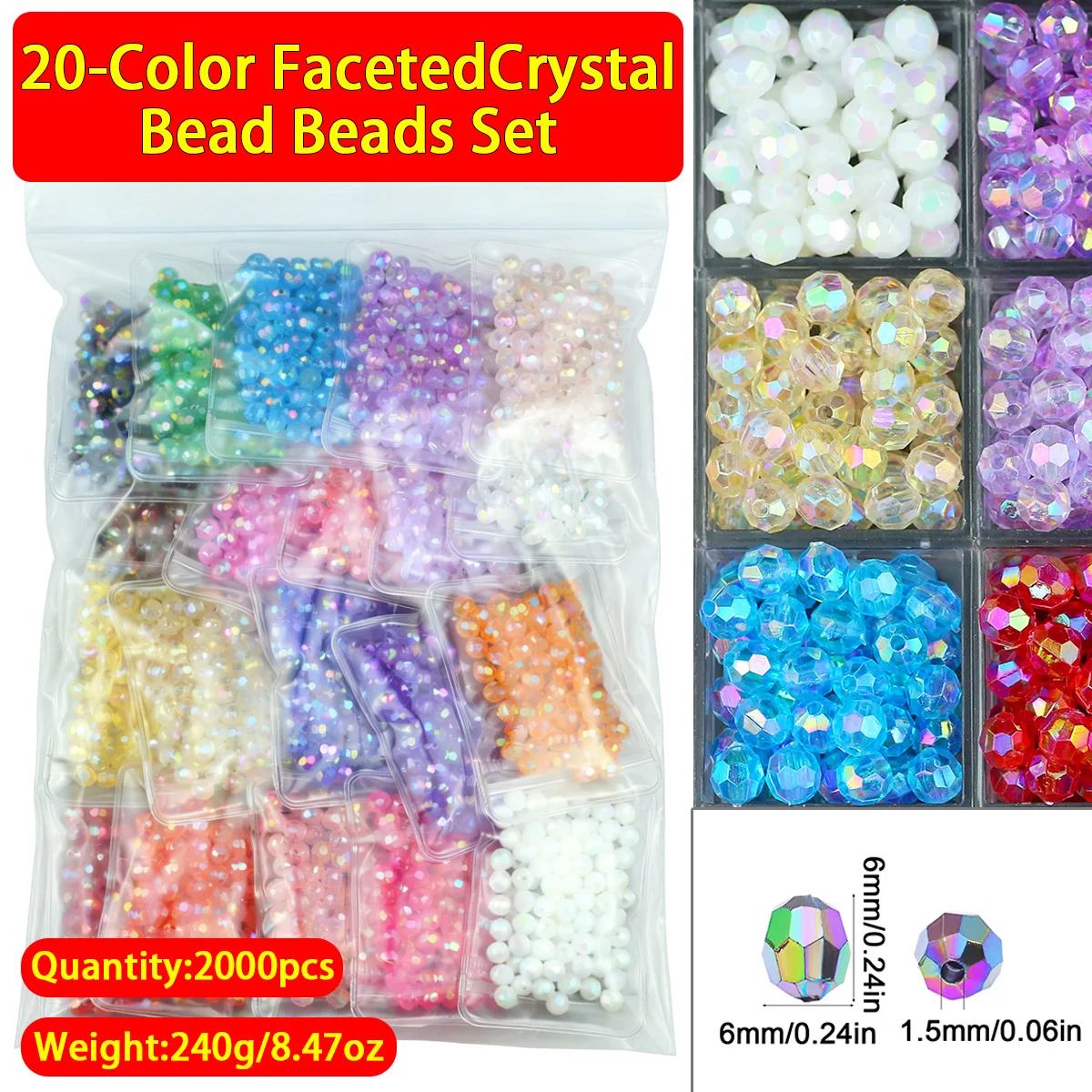 20colors 6mm Apx2000Pcs Laser Faceted Round Acrylic Loose Beads Ideal for DIY Bracelets Necklaces Keychains Other Jewelry Making