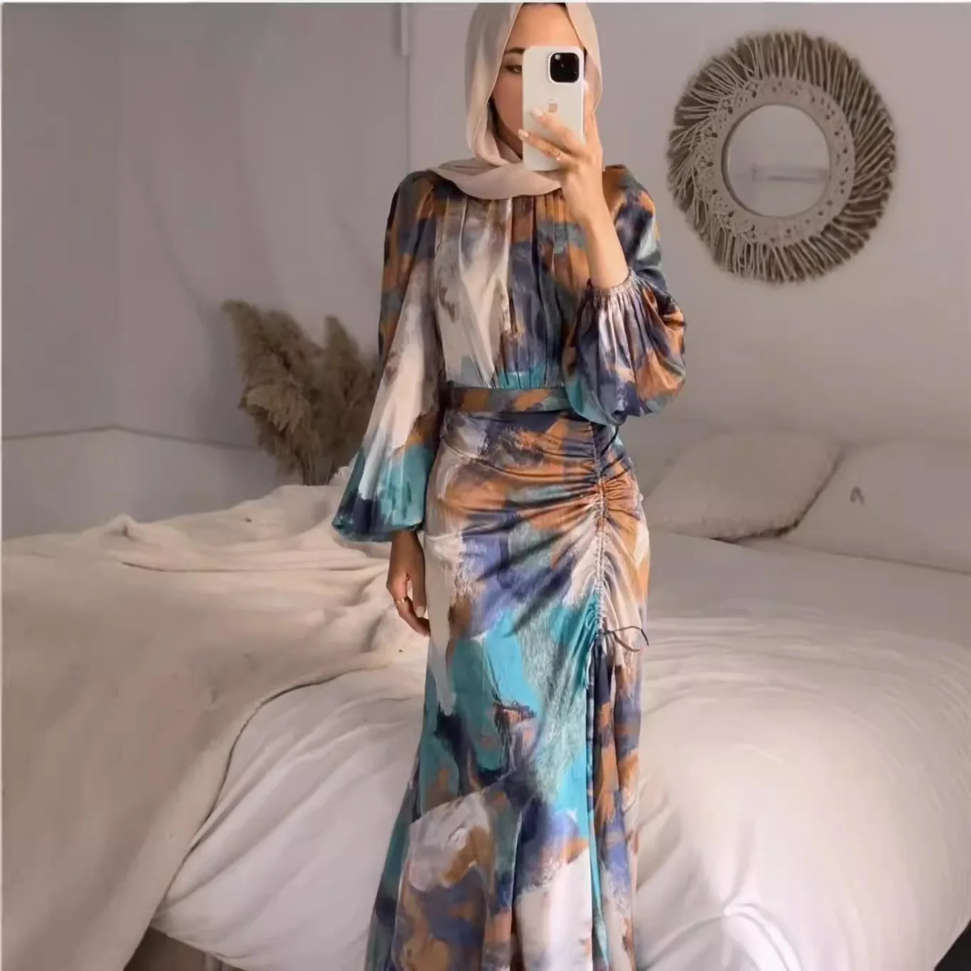 

Fashion Muslim Dress Floral Printed Abaya Dress for Women Long Sleeves Adjustable Waist Muslim Clothing Accessory for Female