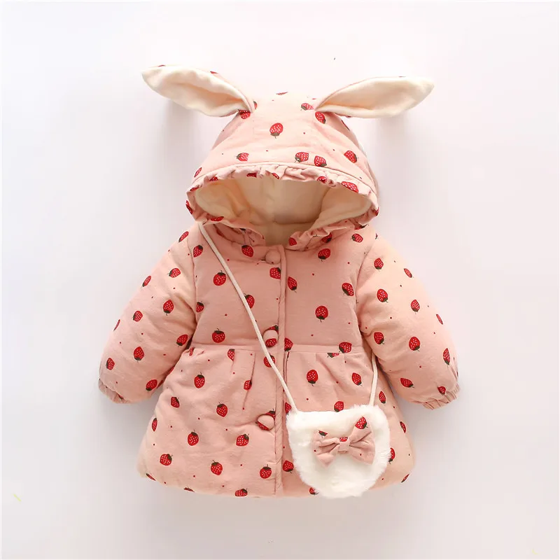 Girls\' Winter Children\'s Wear Solid Color Cute Strawberry Print Coat Sweet Rabbit Ears Hooded Cotton Shirt