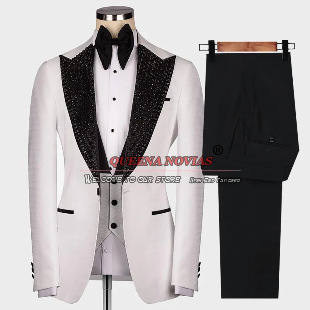 Formal Men Suits Groom Custom Tuxedo Tailor-Made Black Beaded Lapel Jacket Vest Pants 3 Pieces Wedding Banquet Prom Man Dress