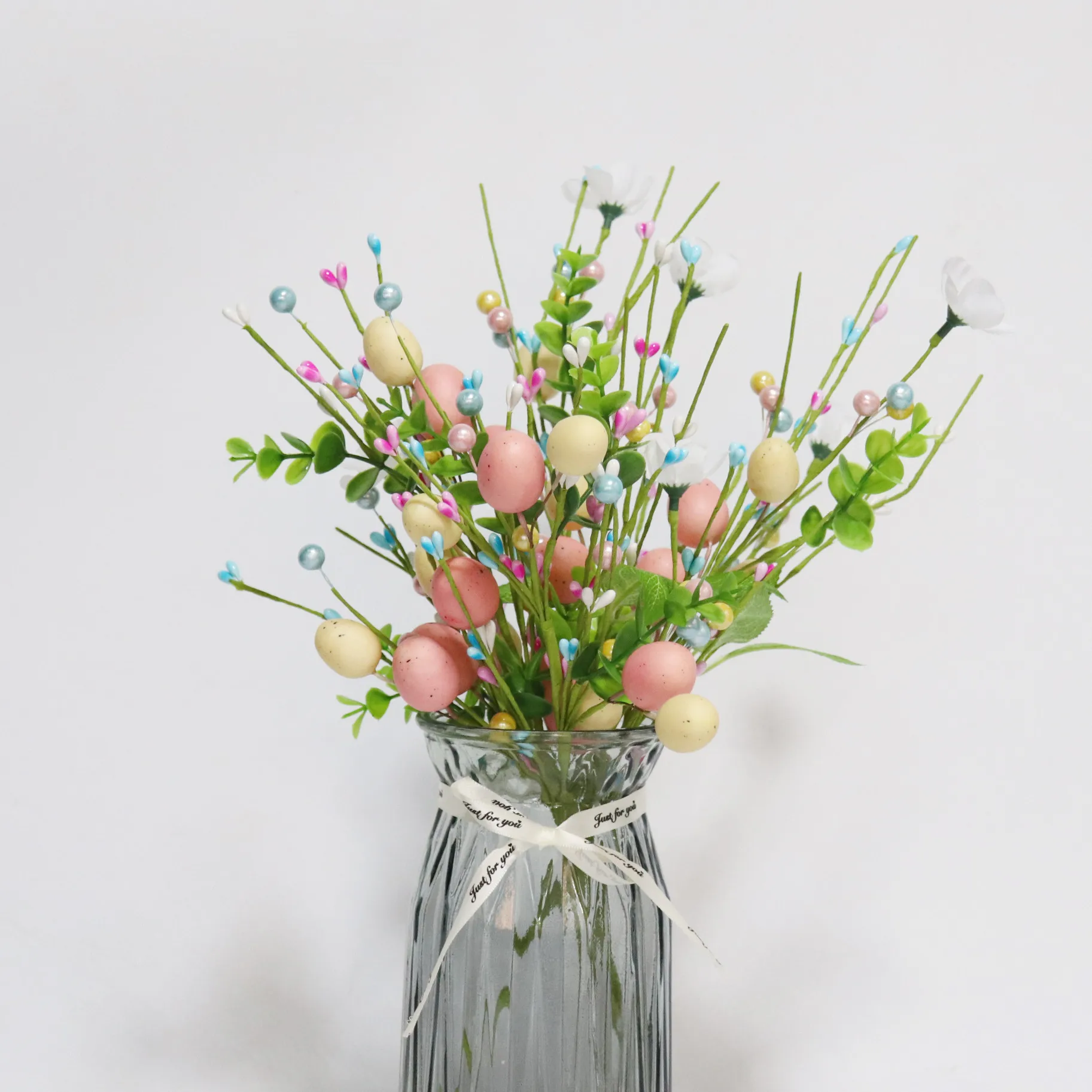 2026 Easter Decoration Artificial Egg Pearl Flower Branch Colorful Foam Eggs Branches DIY Bouquets for Easter Party Home Decors
