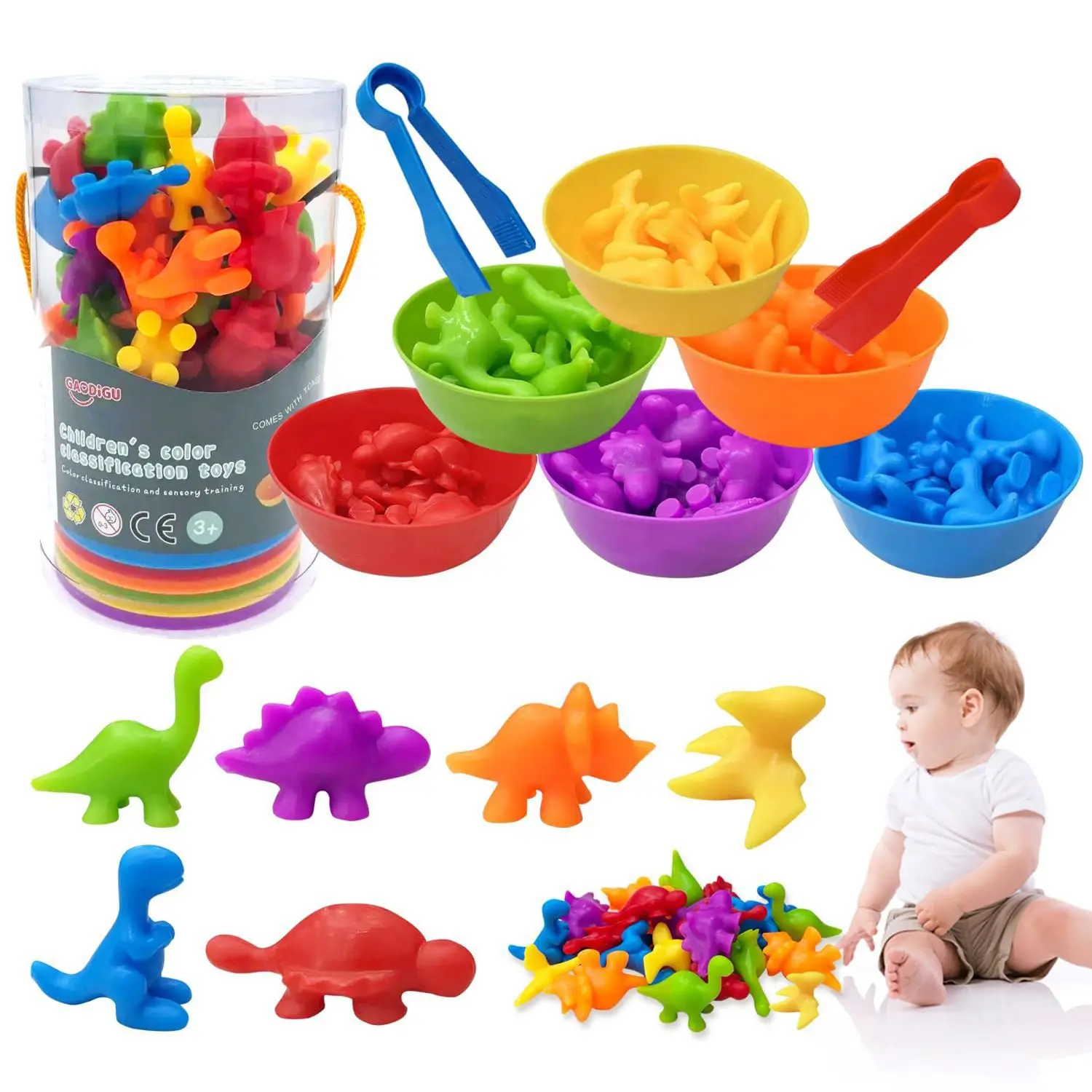 Colorful Animal Toy Set for Toddlers Early Learning Educational Toys with Bowls & Tongs, Safe Plastic