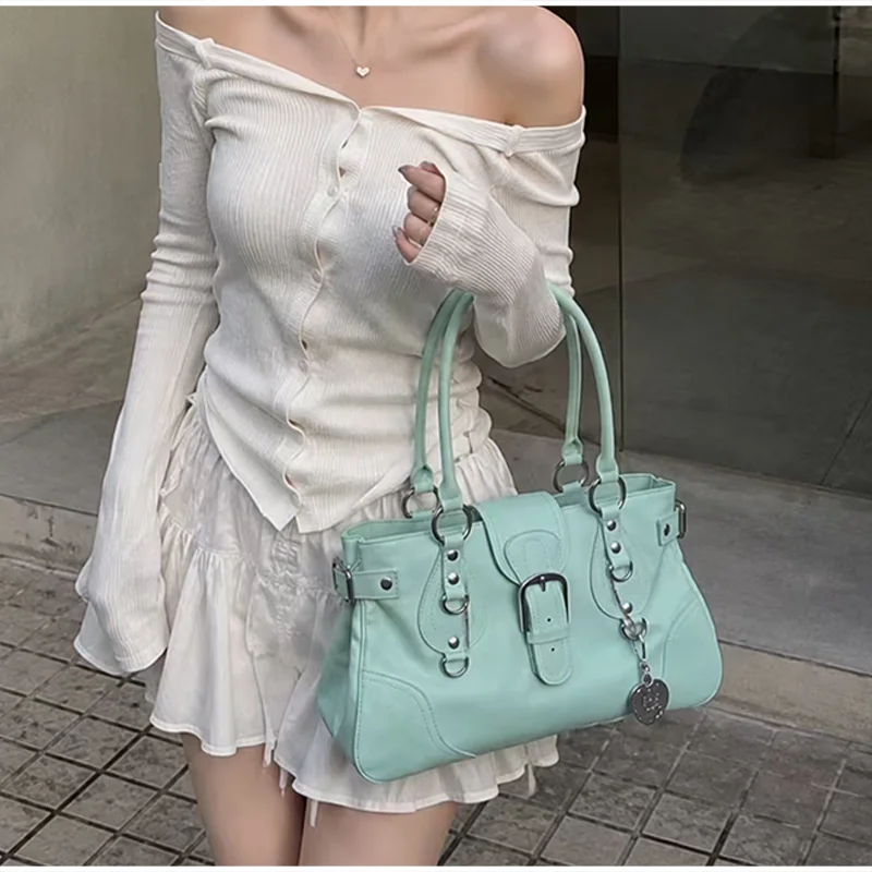 Hobo-Handtasche, Damen Motorrad-Biker-Stil Arbeitstasche, Y2k Mädchen Edgy Vintage Chic Mintgrüne Satteltasche – Detail 7