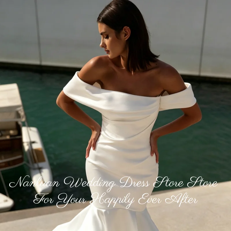 26Styles Off Shoulder Fold Satin Mermaid Wedding Dress Cross Draped Corset Chapel Train Bridal Gown Vestidos de Novia Customized