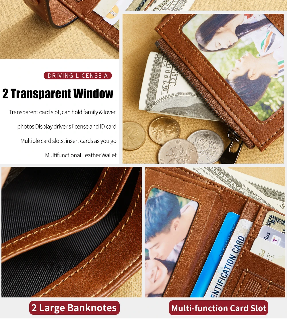 2026 Vintage Wallet for Men Card Holder Genuine Leather RFID Blocking Trifold Short Money Clip Large Capacity Zipper Coin Purse