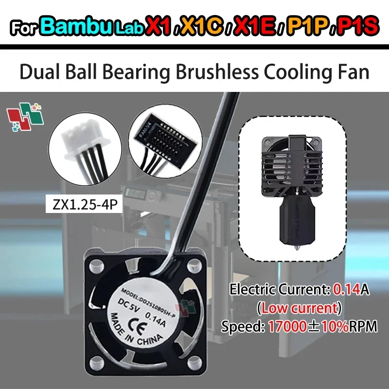 Upgrade Fan For Bambu Lab X1 P1 P1S Hotend Cooling Fan Low Current 0.14A / Bambu Lab P1s Hotend Cooling Fan High Speed 17000±10%
