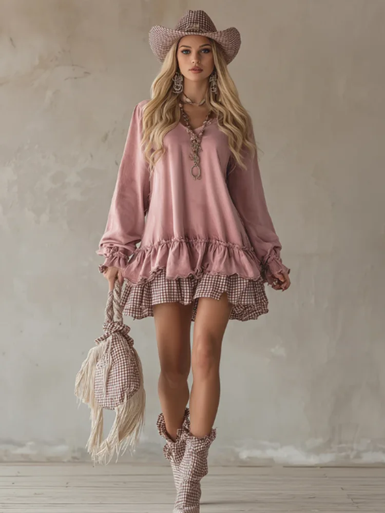

Women's Western Style Ruffled Mini Dress V-Neck Long Sleeve Loose Fit Pink Gingham Hem Layered Tunic Casual Spring