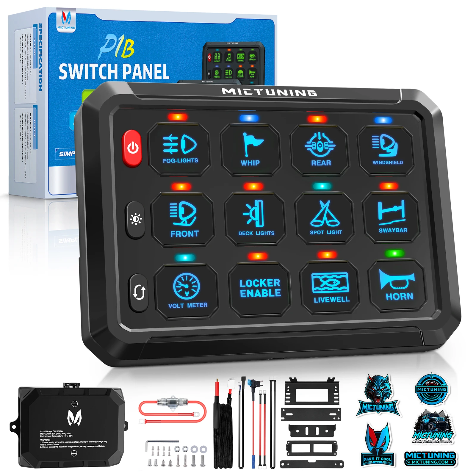 MICTUNING 8/12 Gang Switch Panel P1B Blue Toggle Touch On-Off Circuit Control Relay Box LED Indicator for Car Truck ATV
