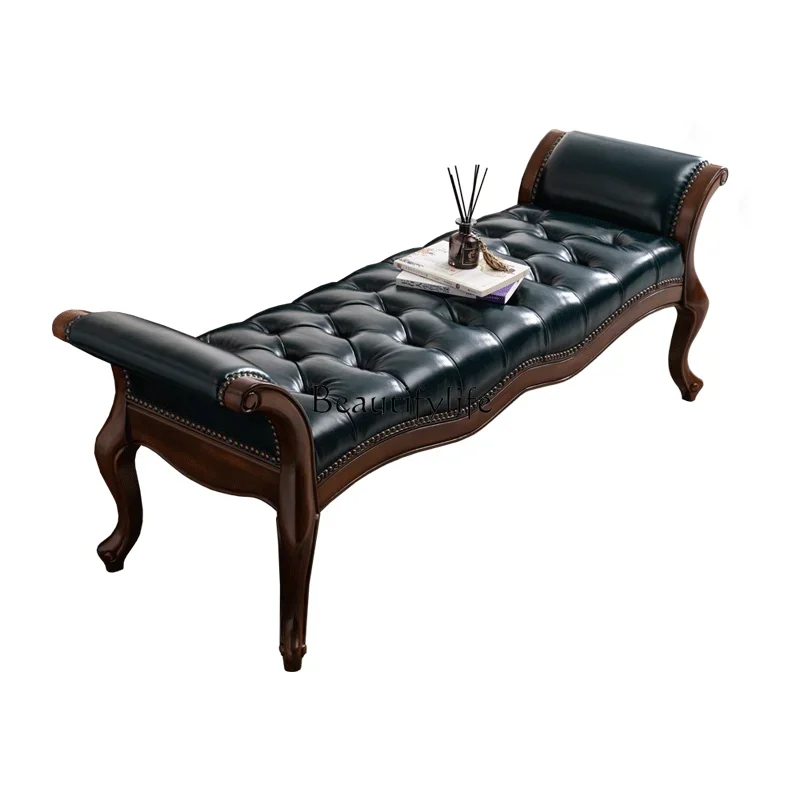pg55High-end American Retro Master Bedroom Bed End Stool Genuine Leather Solid Wood Shoe Changing Stool