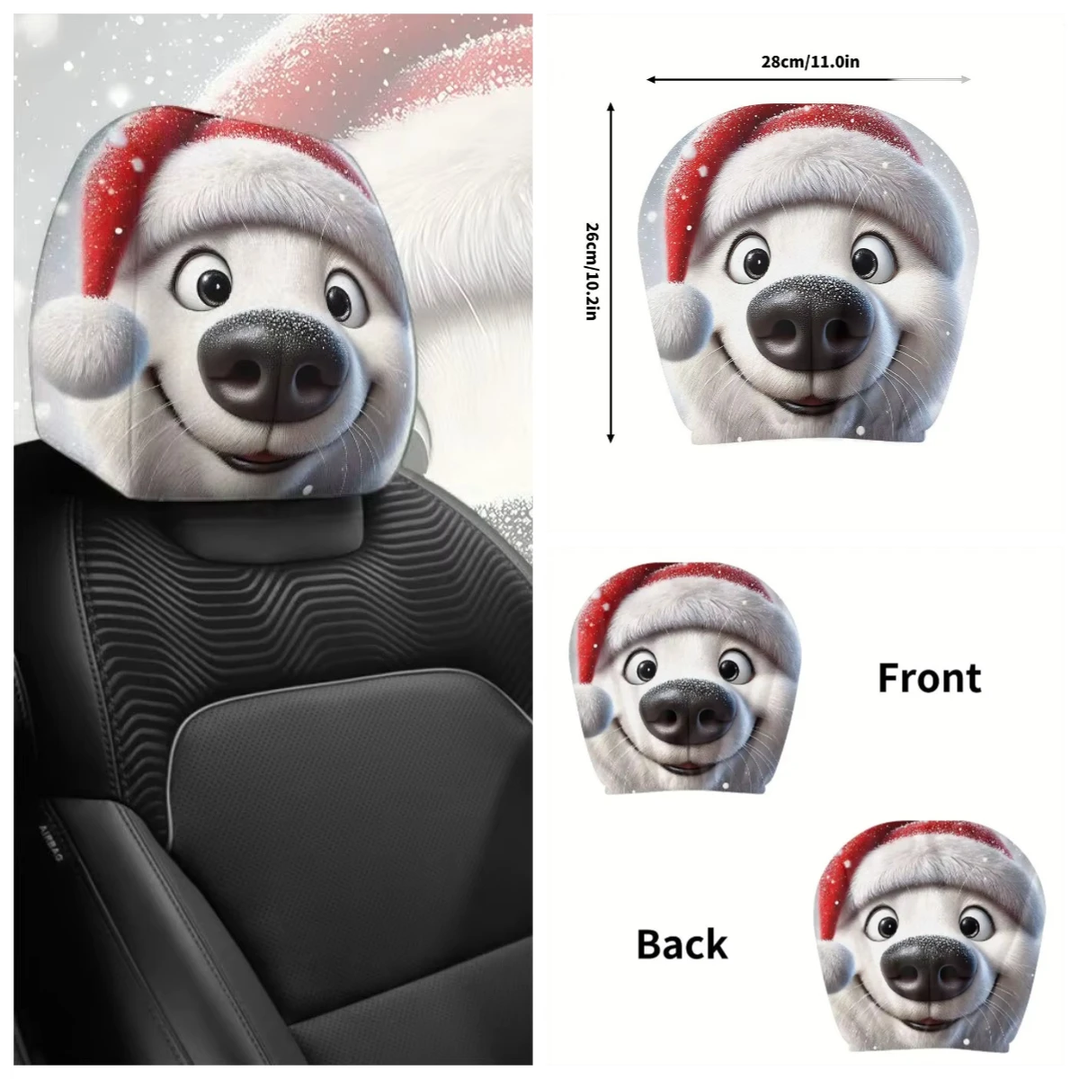 Winter limited edition dog breathable car headrest cover two-piece set with a red hat, limited edition winter car accessories