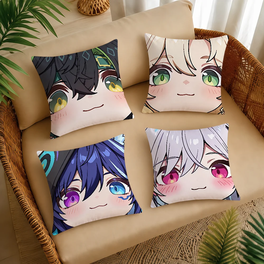 Genshin Impact Cute Face Q-version Game Cushion Cover Square Decorative Throw Pillow Case Sofa Bed Living Room Anniversary Gifts