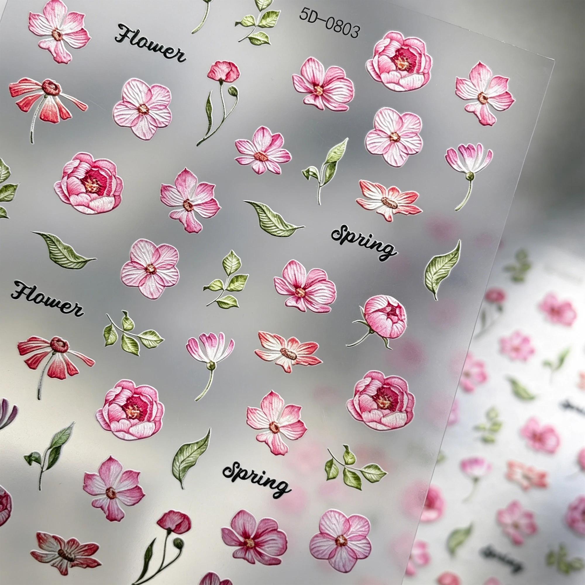 1Pcs Spring Cherry Blossom Peony Green Leaf Nail Stickers 5D Pink 5-Petal Floral Self‑Adhesive Nail Decals DIY Nail Art Supplies