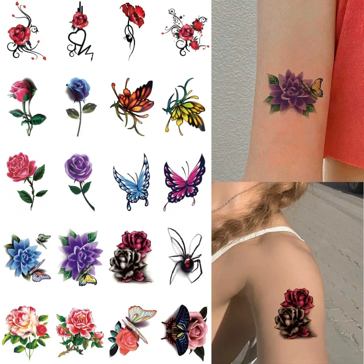 20 ชิ้นดอกไม้ผีเสื้อที่มีสีสัน Tattoo สติก