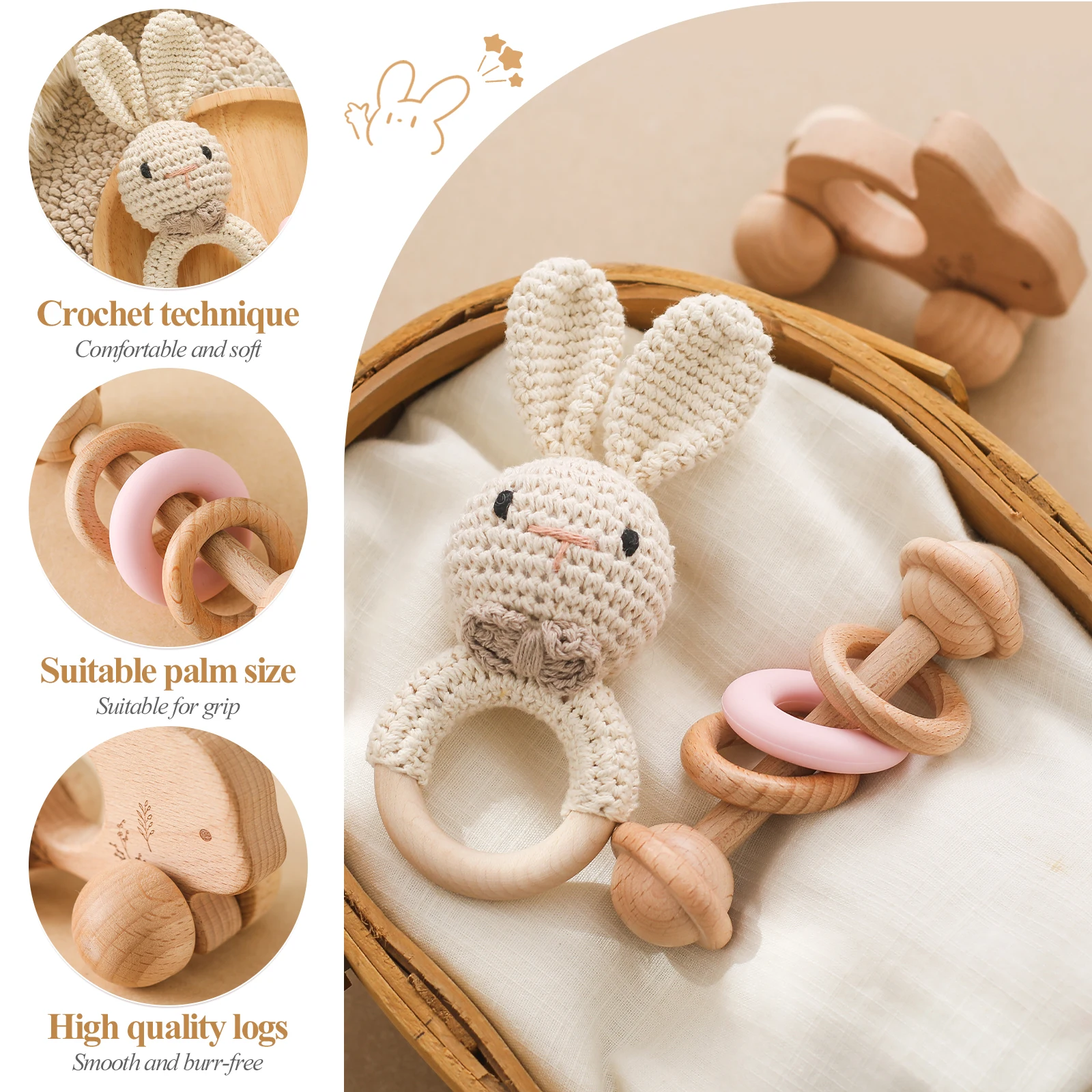 3pc Montessori Baby Educational Toy Set Baby Rattle Teether Animal Crochet Rattle Elephant Rabbit Lion Toy Rattle Teething Toys