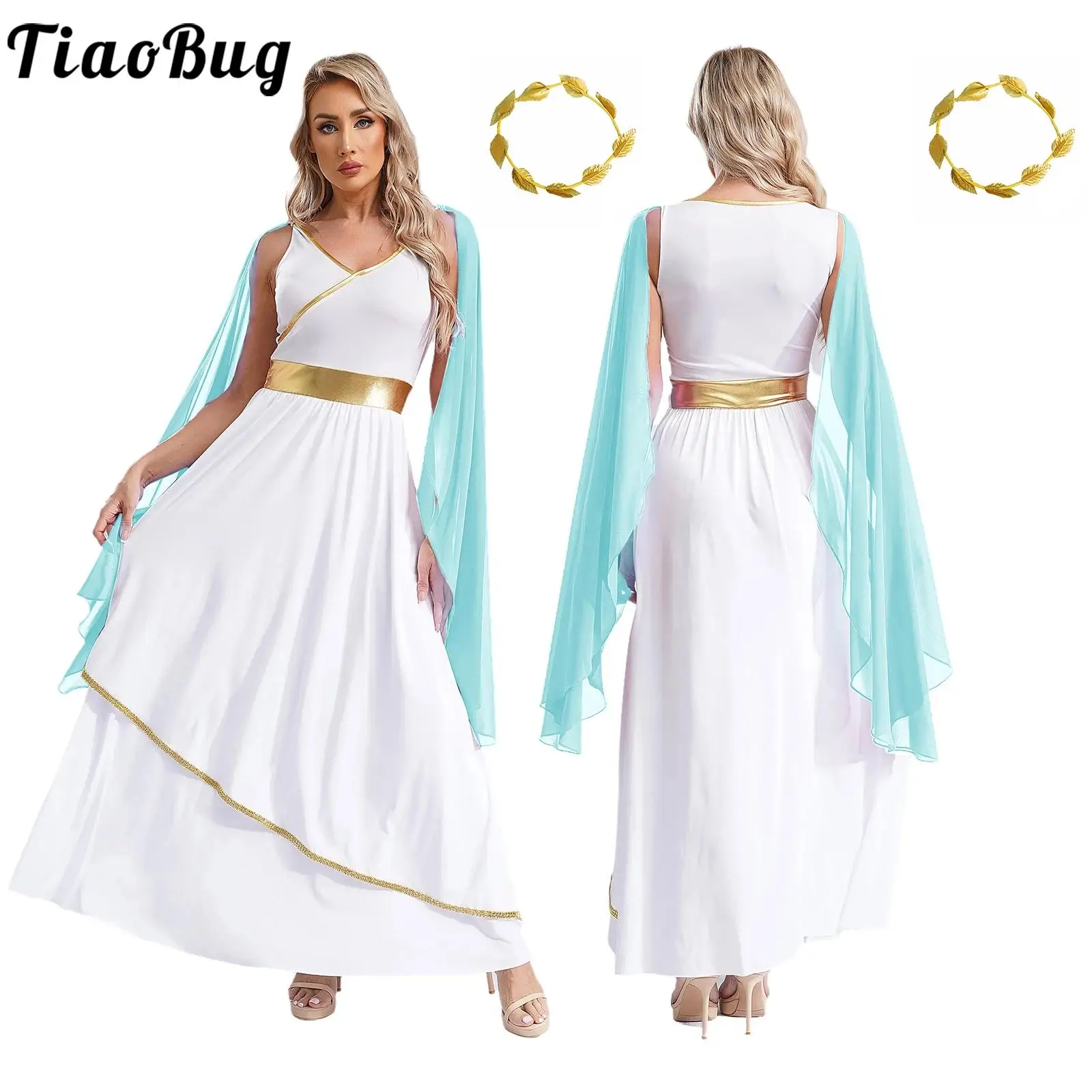 

Womens Ancient Greek Costume Halloween Roman Empress Athenian Princess Toga Dress Chiffon Robe with Headwear Cosplay Outfits