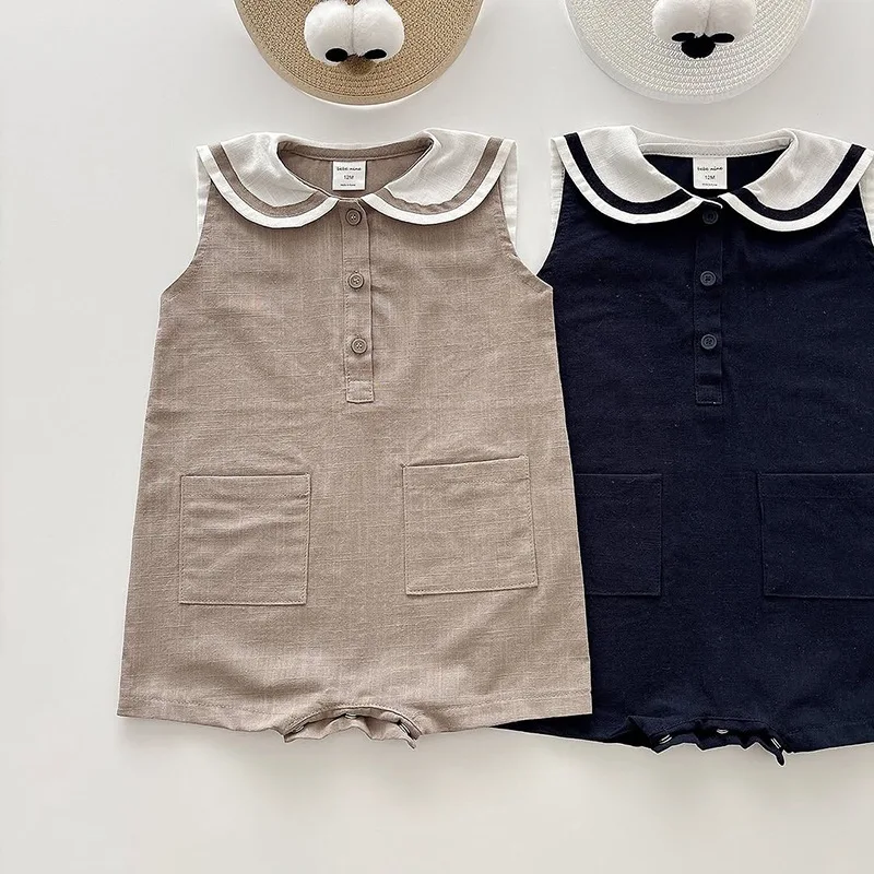

2026 Summer New Baby Sleeveless Bodysuit Cotton Infant Girl Cute Sailor Collar Jumpsuit Solid Newborn Toddler Clothes 0-24M