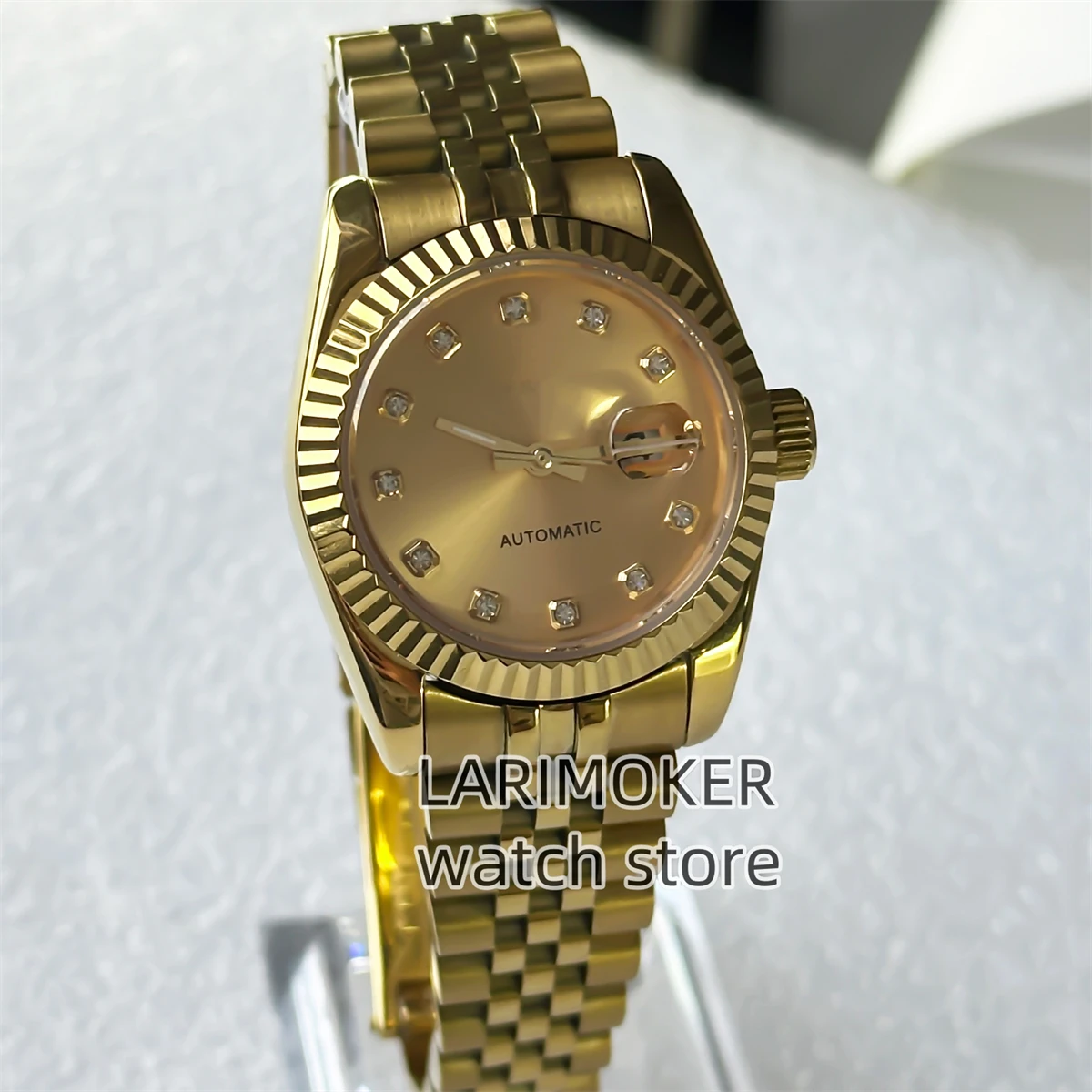 Reloj automático para mujer de alta calidad de 31 mm, caja de acero inoxidable de oro rosa de dos tonos, esfera blanca de nácar, fecha de tres puntos