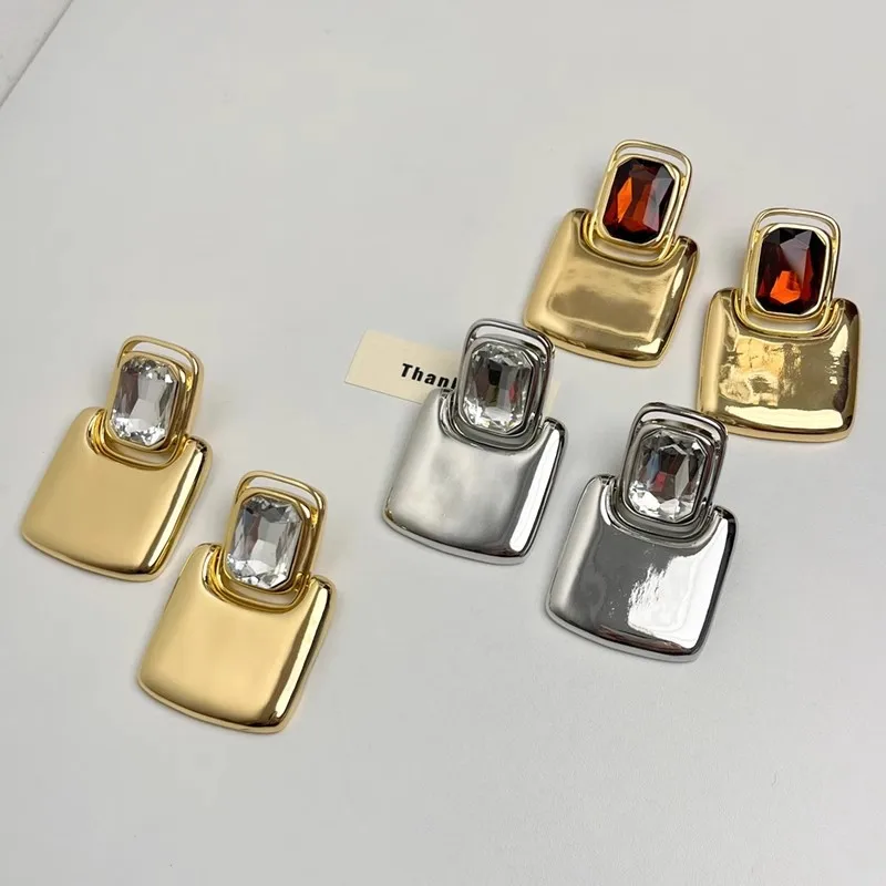 Vintage Exaggerated Metal Square Geometric Crystal Large Earrings for Women European American Personality Party Heavy Jewelry
