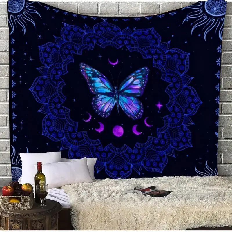 VIKAMA Dark Blue Mandala Butterfly Tapestry Wall Hanging Purple Moon Phases Neon Celestial Aesthetic Wall Art Bedroom Dorm Decor