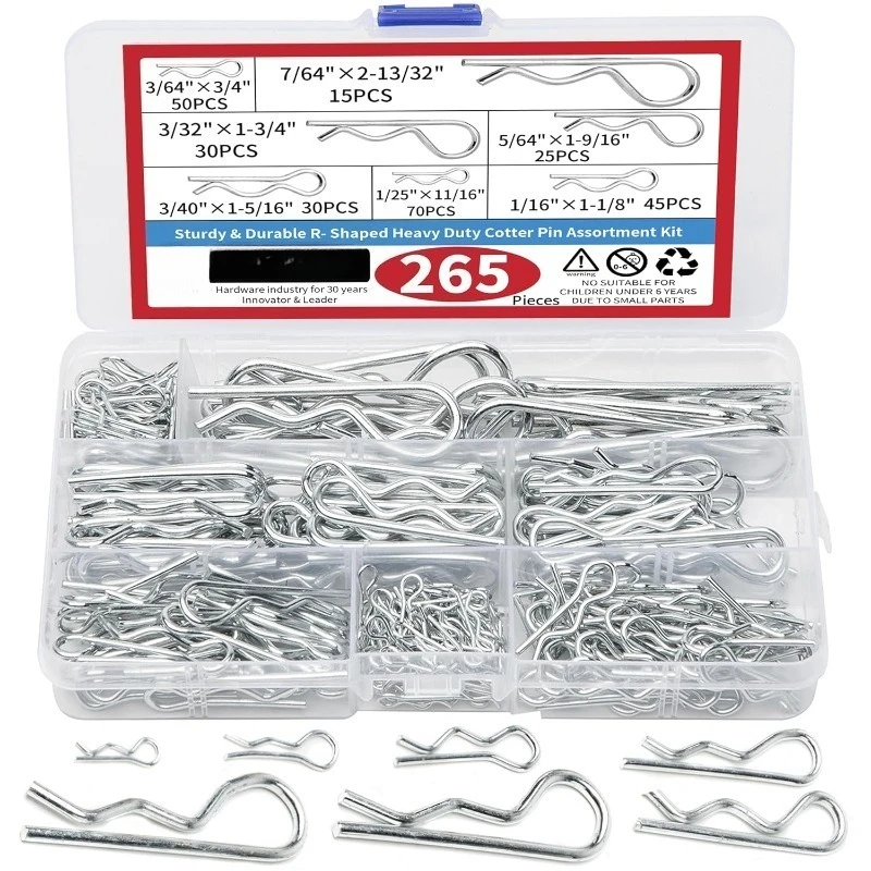 265pcs R Shaped Spring Cotter Pins Fastener Assortment Kit Zinc Plated Steel Hair Pin for Auto Marine Tractors Mower Carts