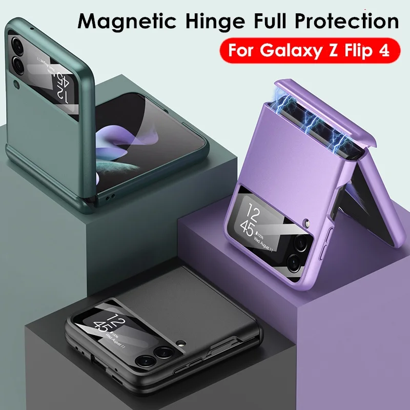 For 2024 Luxury Magnetic Hinge Case for Samsung Galaxy Z Flip 4 5 6Ultra Thin Matte Hard PC Case Cover With Lens Protector Glass