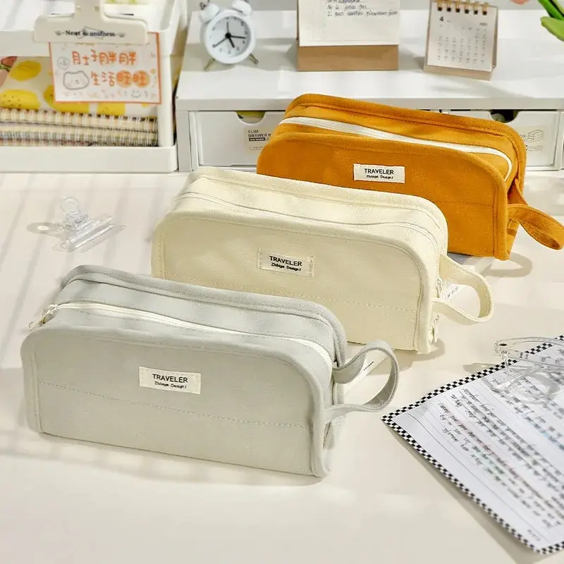 Multifunctional Canvas Pencil Bag with Large Capacity Student Pen Case That Can Stand on Desktop School Supplies