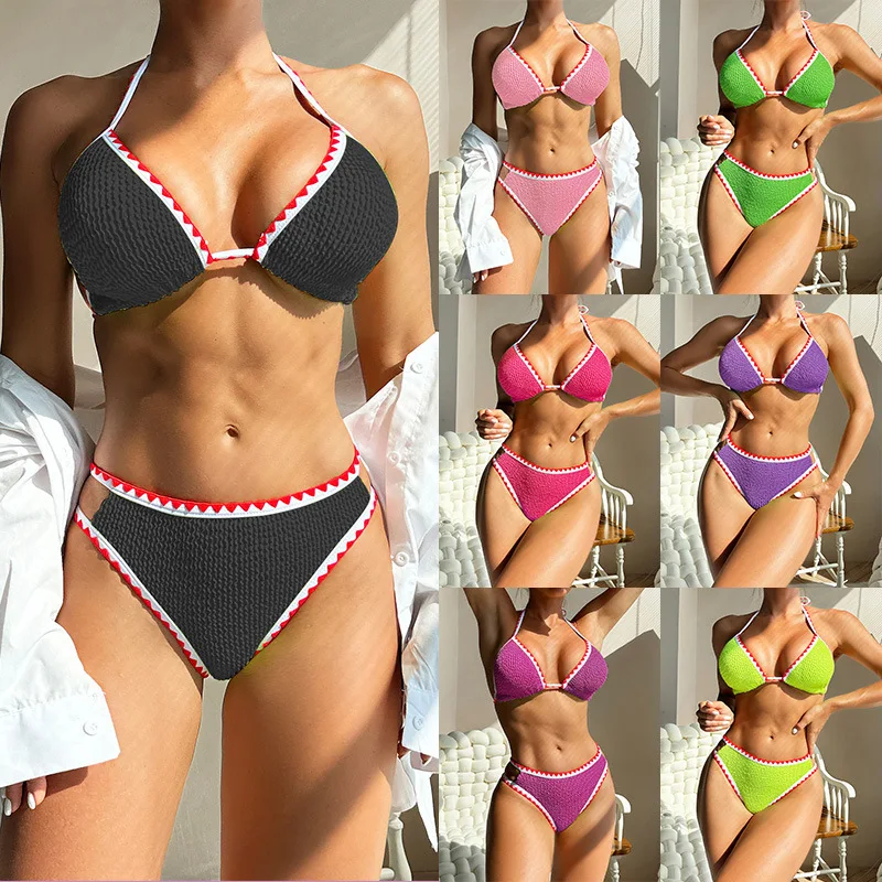 

2024 new European and American color matching split sexy toothed halter bikini hot spring beach vacation swimsuit