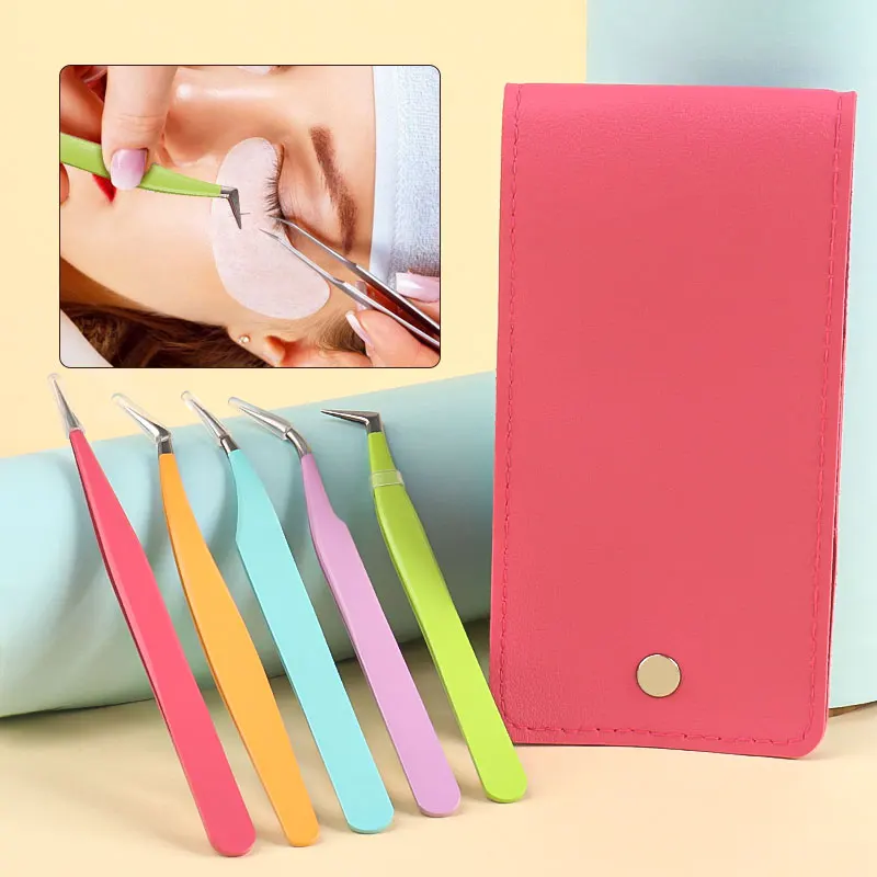 6pcs Eyelash Extension Set Kit Lash Lifting Tweezers And Leather Cover Makeup Tool 5pcs Eyebrow Clip Tweezers And 1pcs Clips Bag