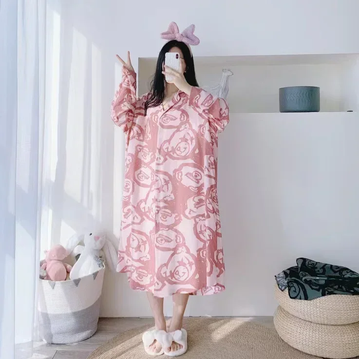 150kg Plus Size Women Autumn Loose Soft Cotton Blend Long-Sleeve Pajama Sleeping Shirt Dress Fat Female Clothing Oversize Dress