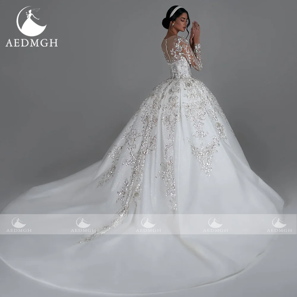 Aedmgh Luxe Prinses Trouwjurken 2023 O-hals Lange Mouw Gewaad De Mariee Glitter Lace Kralen Baljurk Vestido De Novia