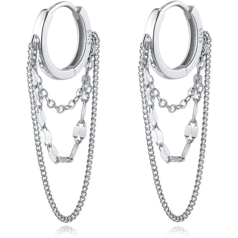 

925 Sterling Silver Chain Drop Hoop Earrings for Women and Teens - Tassel Chain Huggie Dangle Design.