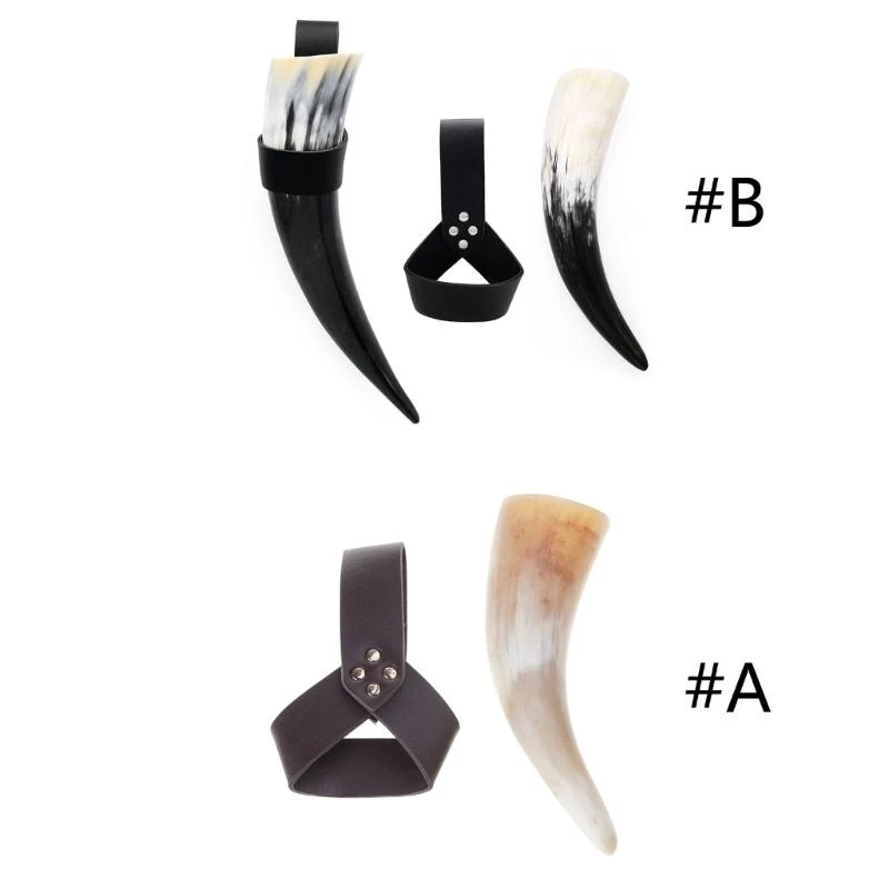 

39BD Vikinges Drinking Horn with Leather Holsters Set Medieval Beer Cup