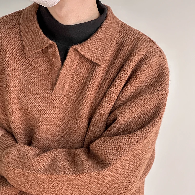 Herbst Winter Koreanischen Stil männer Revers Polo Shirts Pullover Pullover Vintage Lose Innere Layered V-ausschnitt Strickwaren Pullover Jumper – Detail 6
