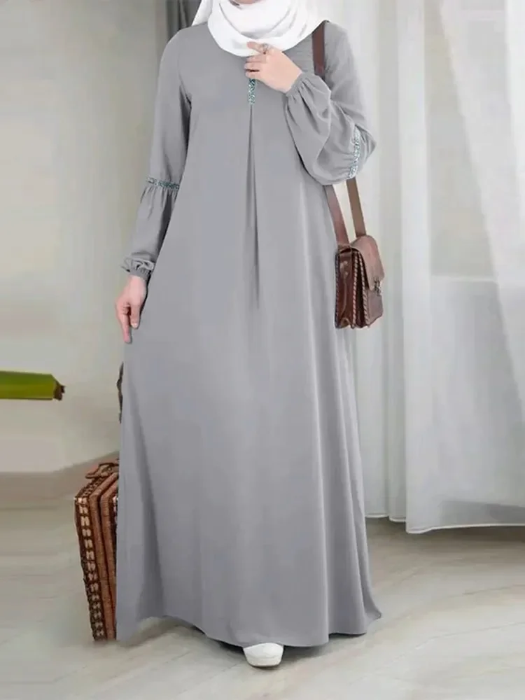 Women Eid Muslim Dress Kaftan Islam Party Dresses Dubai Vestidos Lantern Sleeve Solid Color Abaya Sequins Casual Ramadan