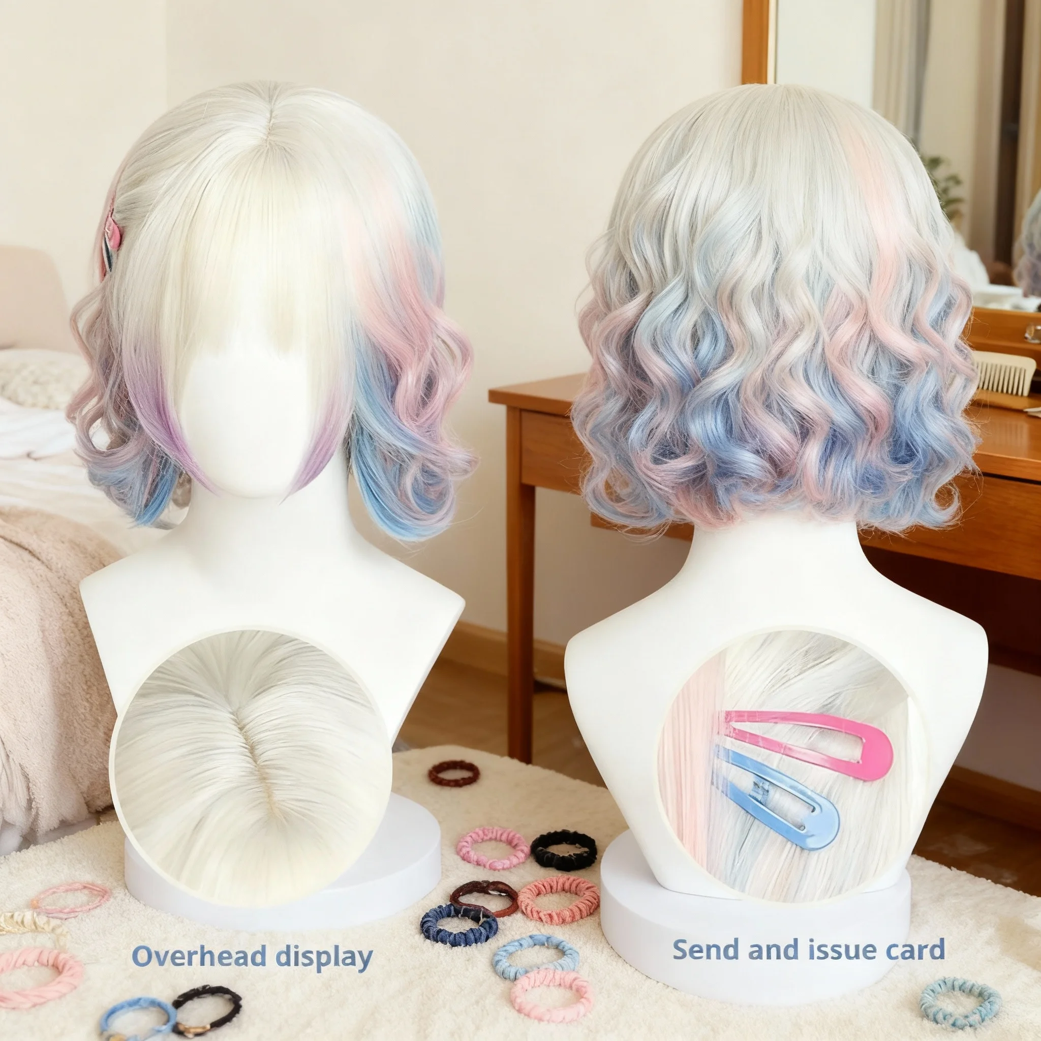 

Blue and Pink Cosplay Wig for Women Short Blonde with Pink and Blue Ombre Hair Short Synthetic Bob Wave Wig for Cosplay