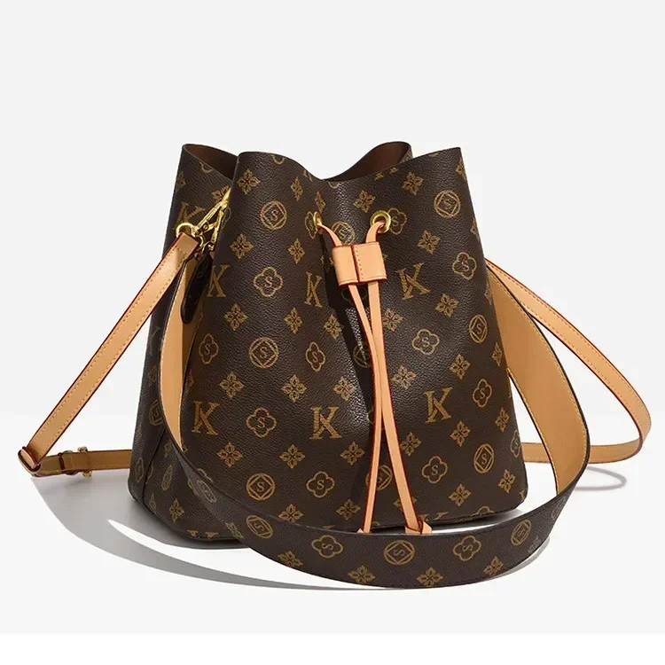 

2025 New Genuine Sophisticated Leather Bag for Women - Trendy Old Flower Print, Drawstring Closure, Spacious for Daily Use