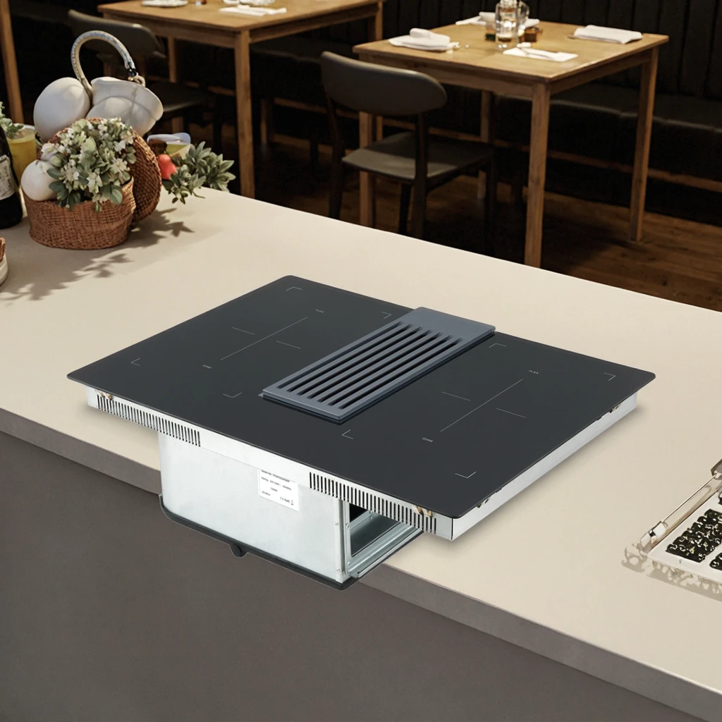 2025 Ohigitecki MARCA Exaustor embutido com 4 queimadores Fogão de indução Felix Zone Exaustor Integrado Downdraft Exaustor