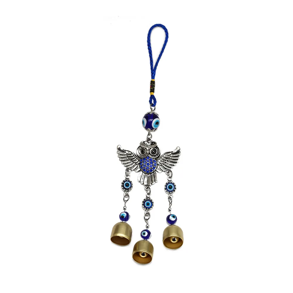 Retro Owl Nazar Boncuğu Blue Eye Sound Bells Metal Car Pendant Lucky Amulet Feng Shui Courtyard Balcony Charm Hanging Ornament