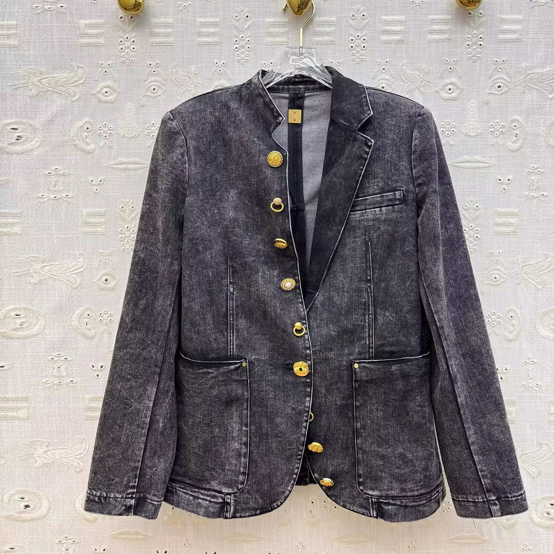 

New Fashion Vintage Black Snowflake Denim Blazer Suit Women V-neck Long Sleeve Gold Button Pockets Elegant Designer Chic Jacket