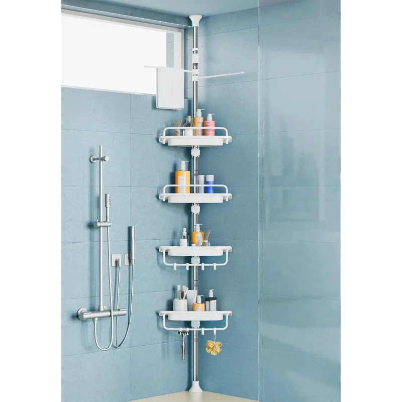 Corner Shower Caddy Tension Pole White, Rustproof Drill-Free Shelves for Bathroom Bathtub Washbasin, Adjustable Organizer